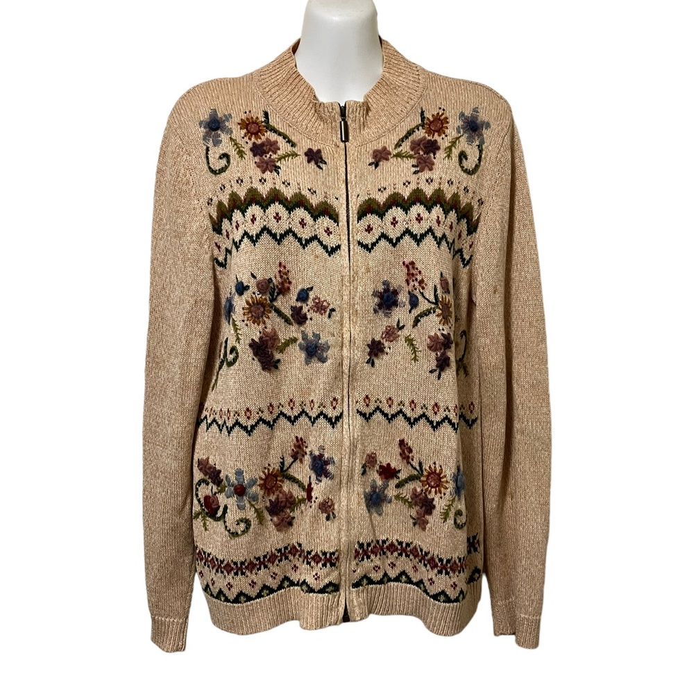 Vintage Embroidered Floral Knit Zip Sweater